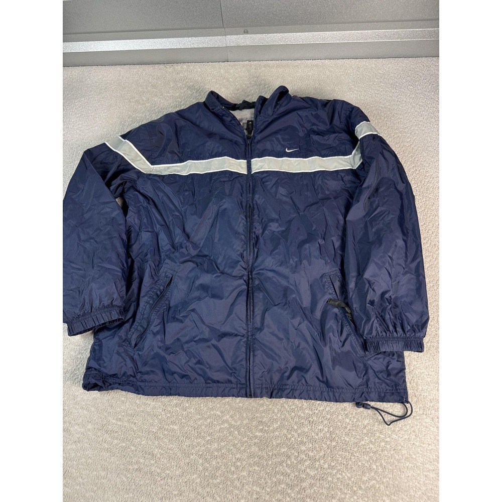 Nike Y2K Jacket Mens XL Full‎ Zip Windbreaker Stripe Hooded Pockets